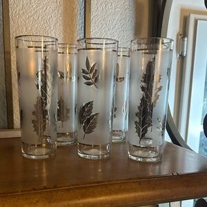Libbey Frosted Tom Collins Glasses with Silver Leaf Design